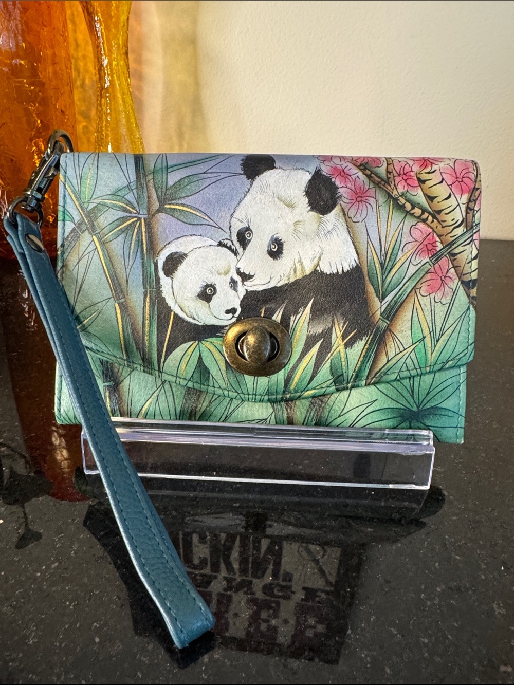 Anuschka Teal Panda Print Wristlet Clutch